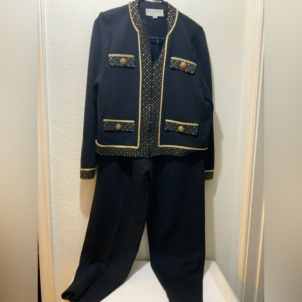 St. John’s Marie Gray, cropped black zipper jacket gold detail & matching pants